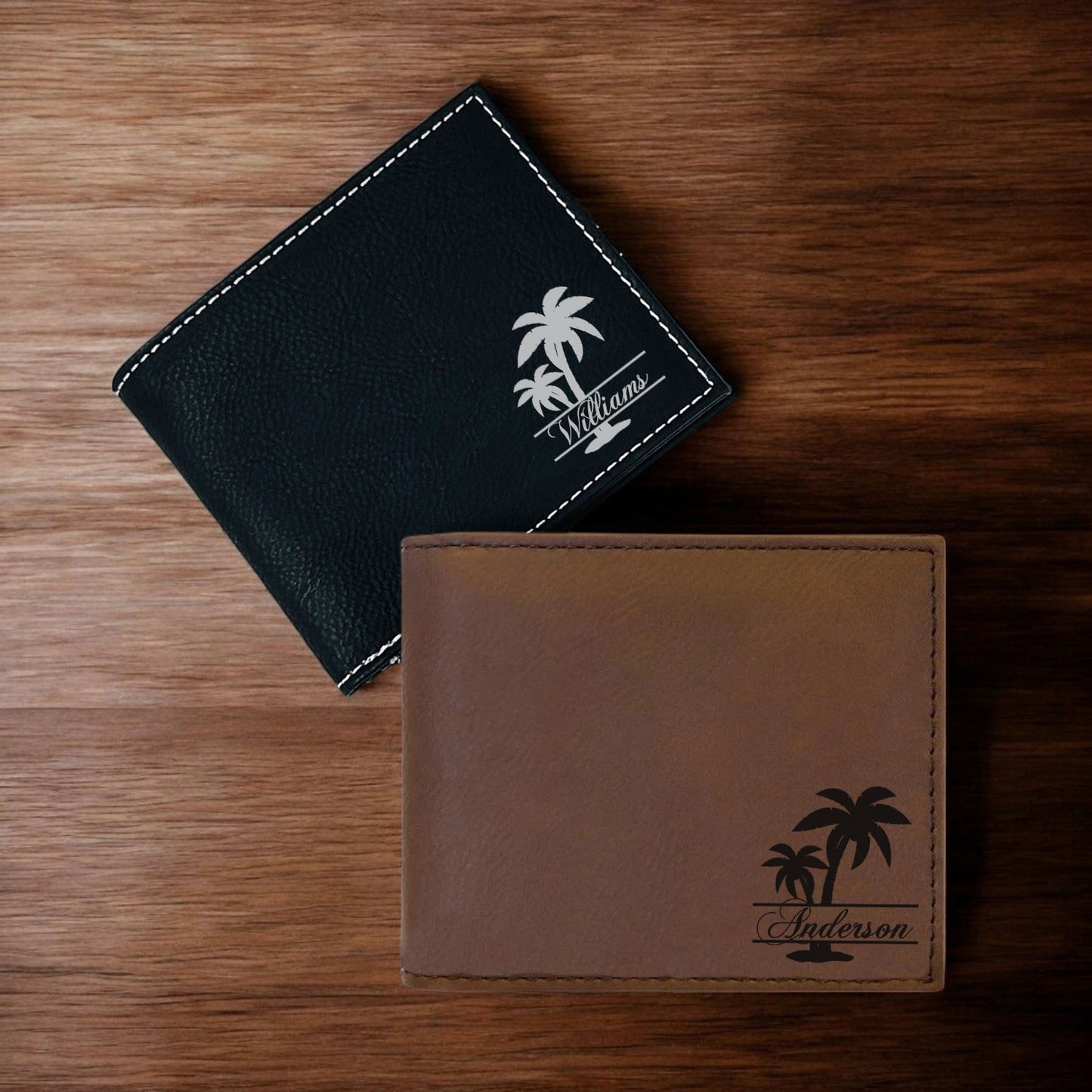 Palm Tree Personalized Leather Bi-Fold Wallet