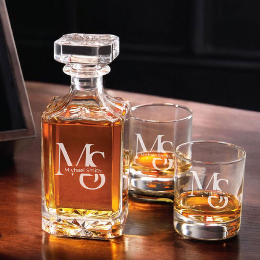 Monogram Personalized Classic Whiskey Decanter with Glasses Gift Set