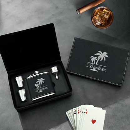 Palm Tree Personalized Leather Flask Set