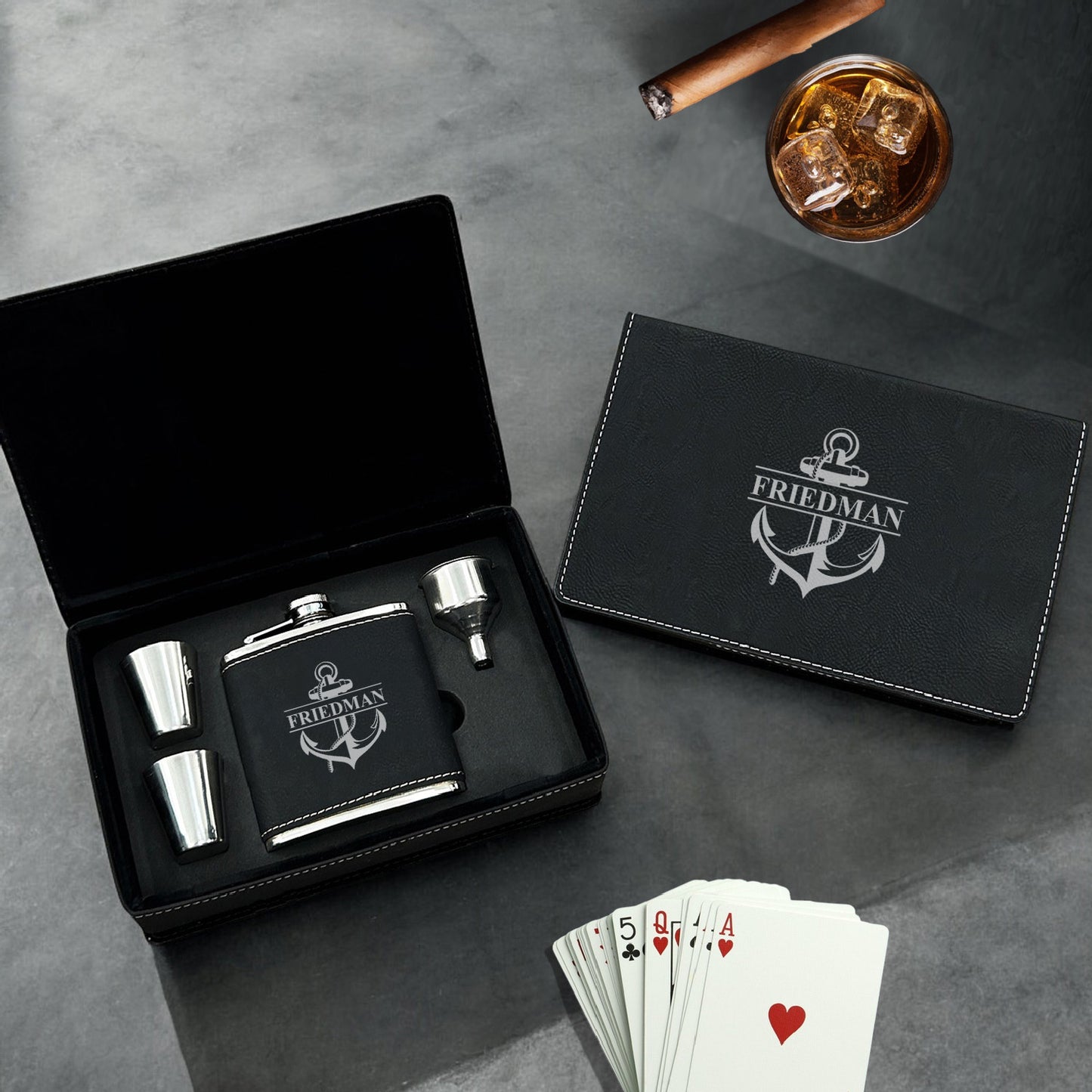 Anchor Personalized Leather Flask Set