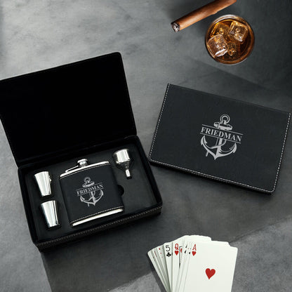 Anchor Personalized Leather Flask Set