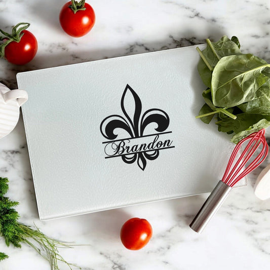 Fleur De Lis Personalized Glass Cutting Board