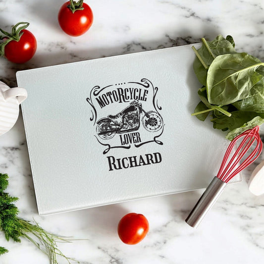 Motorcycle Rider Personalized Glass Cutting Board