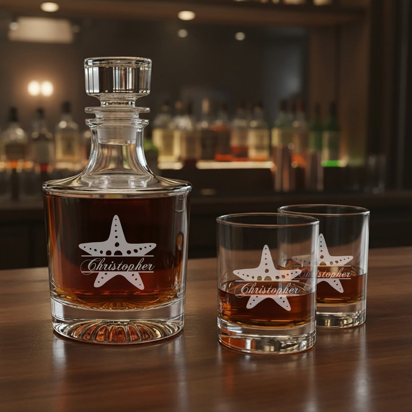 Tropical Coastal Signature Collection Personalized Legacy Reserve Whiskey Decanter with Rocks Glasses - Set of 3