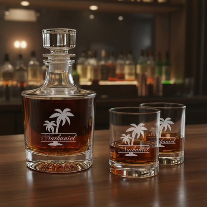 Tropical Coastal Signature Collection Personalized Legacy Reserve Whiskey Decanter with Rocks Glasses - Set of 3