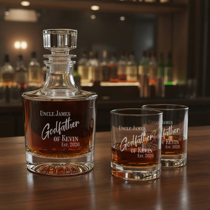 Godparent Personalized Legacy Reserve Whiskey Decanter Set with Rocks Glasses – 3 Pc