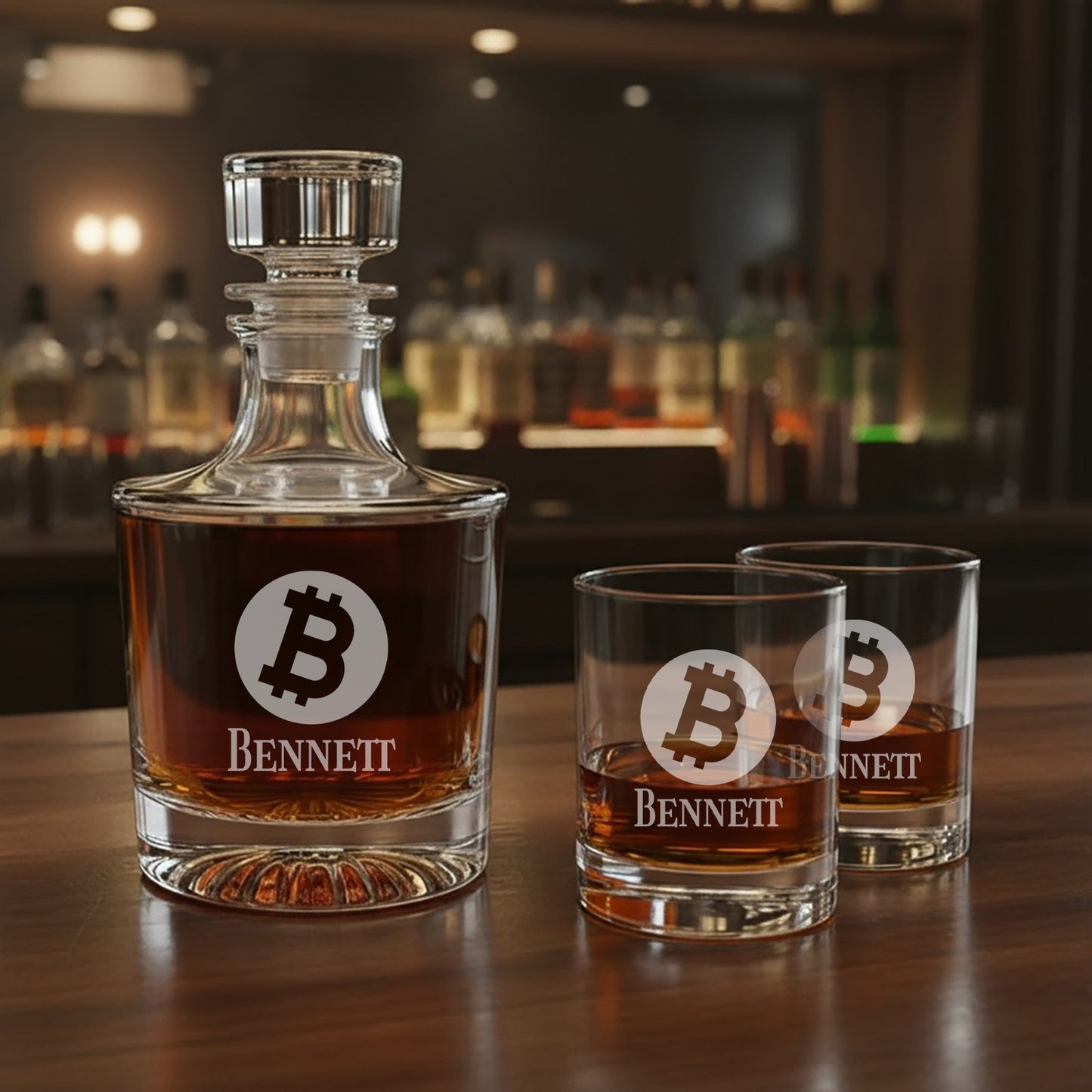 Bitcoin Crypto Personalized Legacy Reserve Whiskey Decanter with Rocks Glasses - 3 pc