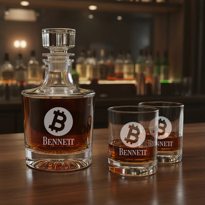 Bitcoin Crypto Personalized Legacy Reserve Whiskey Decanter with Rocks Glasses - 3 pc
