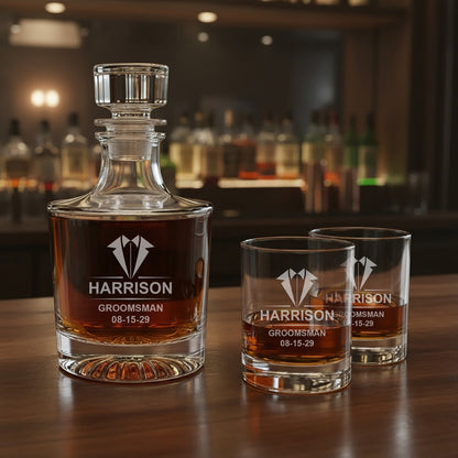 Groomsmen Personalized Legacy Reserve Whiskey Decanter with Rocks Glasses - 3 pc