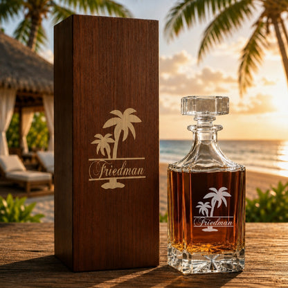Palm Tree Personalized Classic Whiskey Decanter with Glasses Gift Set