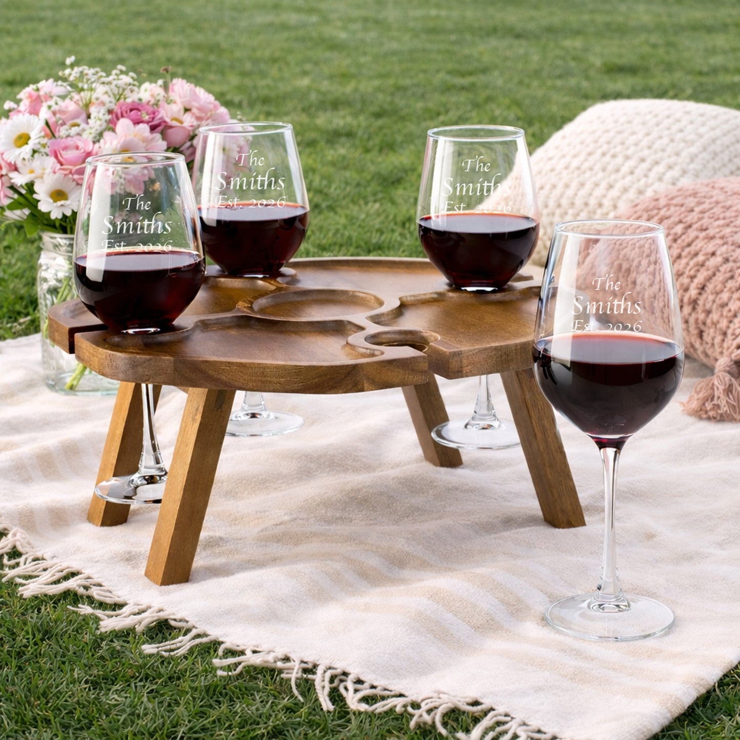 Wood Portable Wine Picnic Table with Personalized Wine Glasses , Set of 5