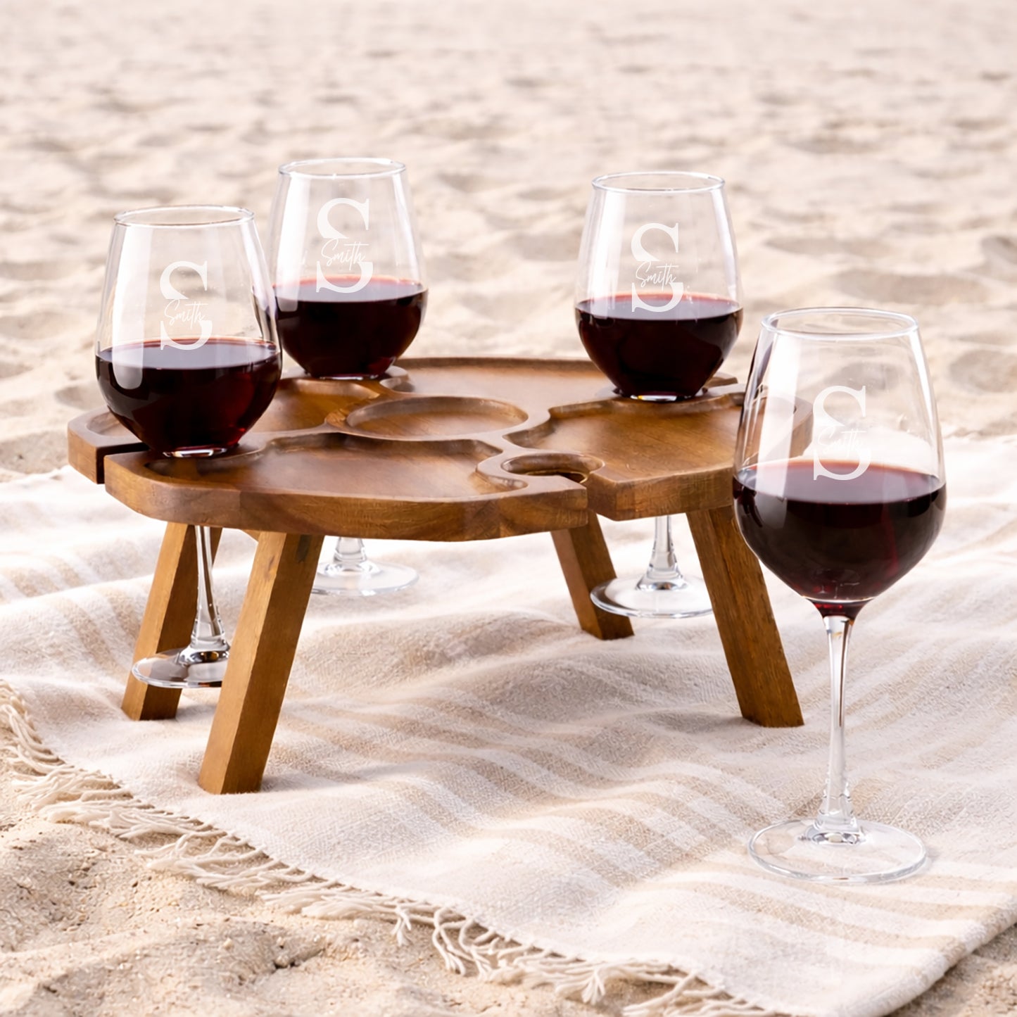 Monogram Personalized Wood Portable Wine Glasses Table , Set of 5