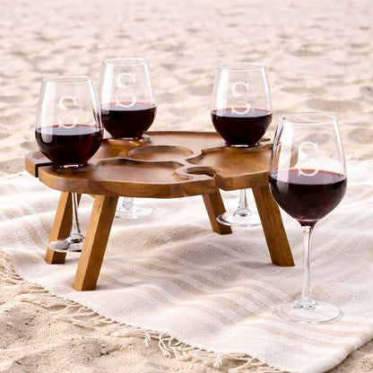 Monogram Personalized Wood Portable Wine Glasses Table , Set of 5