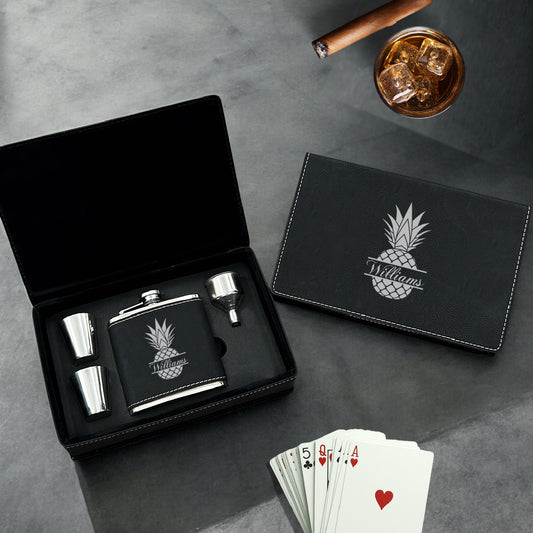 Pineapple Personalized Leather Flask Set