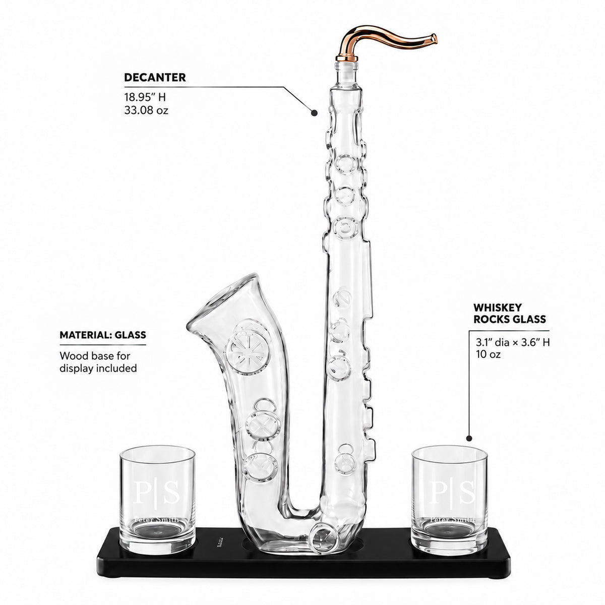 Personalized Saxophone Whiskey Decanter with  Whiskey Glasses Gift Set