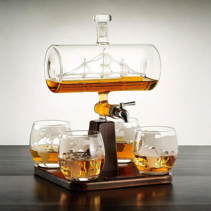 Vintage Ship Whiskey Decanter with Globe Glasses Set