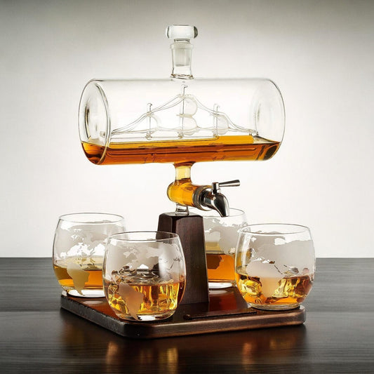Vintage Ship Whiskey Decanter with Globe Glasses Set