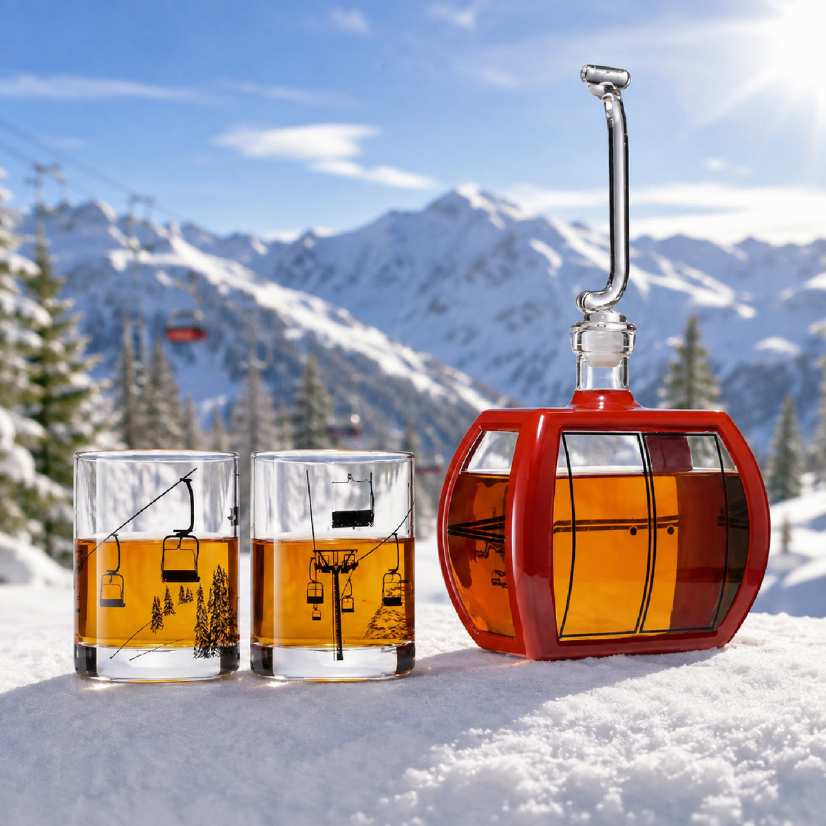 Gondola Ski Decanter with 2 Personalized Whiskey Glasses