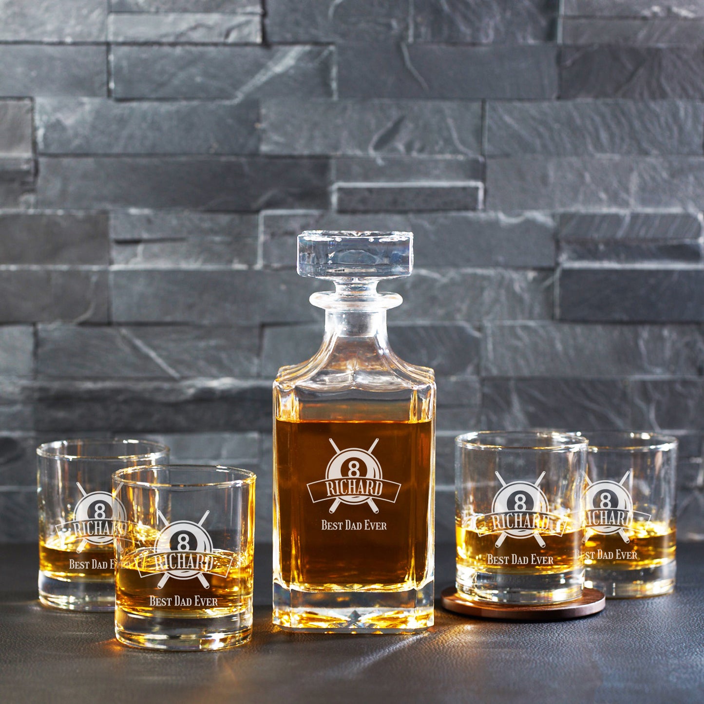Pool Billiard Eight-Ball Personalized Classic Whiskey Decanter with Glasses Gift Set