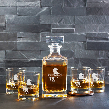 Equestrian Horse Personalized Classic Whiskey Decanter with Whiskey Glasses