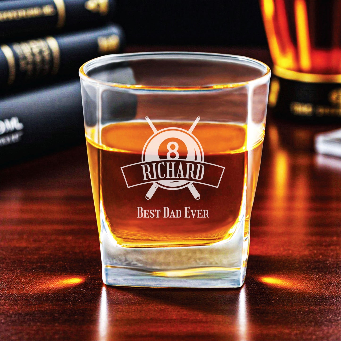 Pool Billiard Eight-Ball Personalized Square Whiskey Glass
